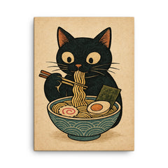 Funny minimalistic Japanese woodblock style print of a black cat eating ramen noodles canvas print on a plain backdrop in size 18"x24".