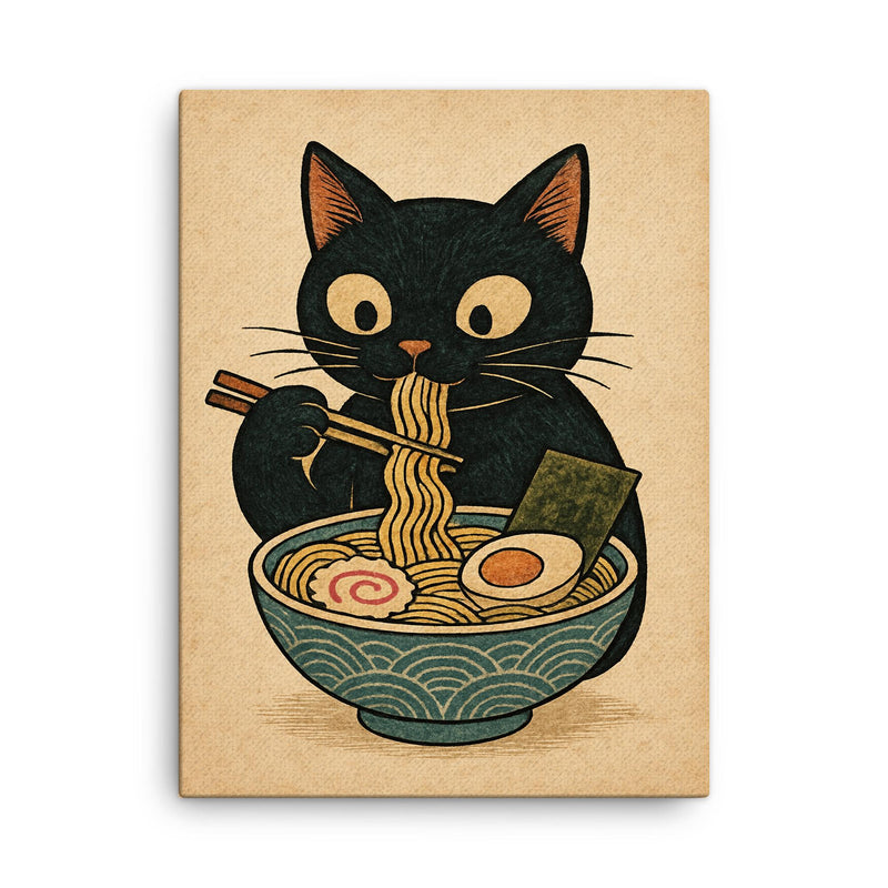 Funny minimalistic Japanese woodblock style print of a black cat eating ramen noodles canvas print on a plain backdrop in size 18