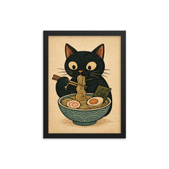 Funny minimalistic Japanese woodblock style print of a black cat eating ramen noodles framed print on a plain backdrop in size 12"x16".