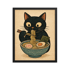 Funny minimalistic Japanese woodblock style print of a black cat eating ramen noodles framed print on a plain backdrop in size 16"x20".