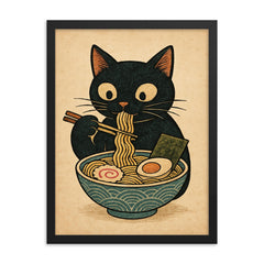 Funny minimalistic Japanese woodblock style print of a black cat eating ramen noodles framed print on a plain backdrop in size 18"x24".