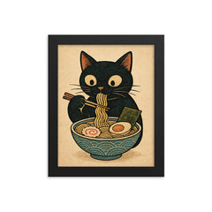 Funny minimalistic Japanese woodblock style print of a black cat eating ramen noodles framed print on a plain backdrop in size 8"x10".