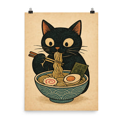 Funny minimalistic Japanese woodblock style print of a black cat eating ramen noodles poster on a plain backdrop in size 8"x10".