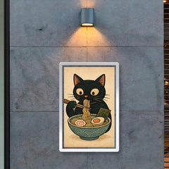 Funny minimalistic Japanese woodblock style print of a black cat eating ramen noodles poster 2