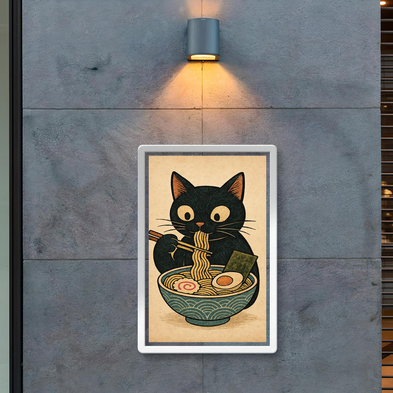 Funny minimalistic Japanese woodblock style print of a black cat eating ramen noodles poster 2