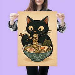 Funny minimalistic Japanese woodblock style print of a black cat eating ramen noodles poster 3