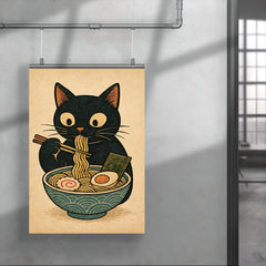 Funny minimalistic Japanese woodblock style print of a black cat eating ramen noodles poster 4