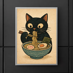 Funny minimalistic Japanese woodblock style print of a black cat eating ramen noodles poster 5