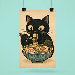 Funny minimalistic Japanese woodblock style print of a black cat eating ramen noodles poster 6