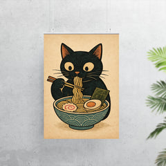 Funny minimalistic Japanese woodblock style print of a black cat eating ramen noodles poster 7