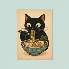 Funny minimalistic Japanese woodblock style print of a black cat eating ramen noodles poster 8
