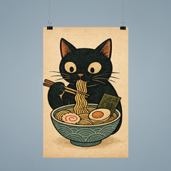 Funny minimalistic Japanese woodblock style print of a black cat eating ramen noodles poster 9