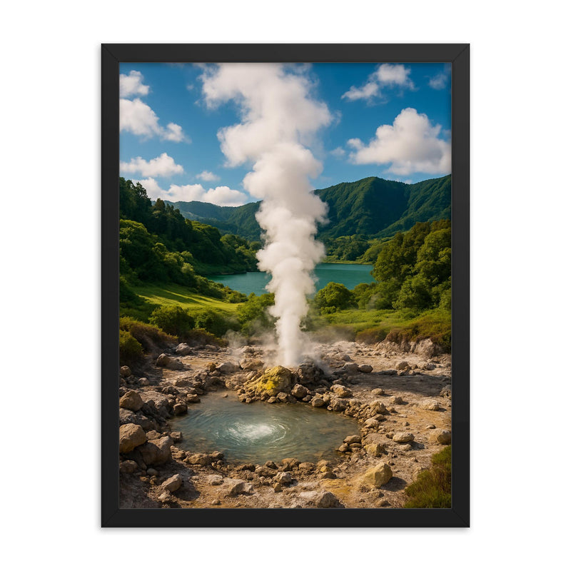 Furnas Geothermal Valley Azores Portugal framed print on a plain backdrop in size 18