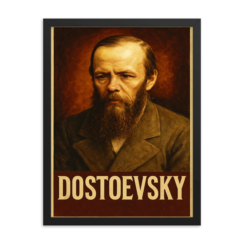 Fyodor Dostoevsky framed print on a plain backdrop in size 18