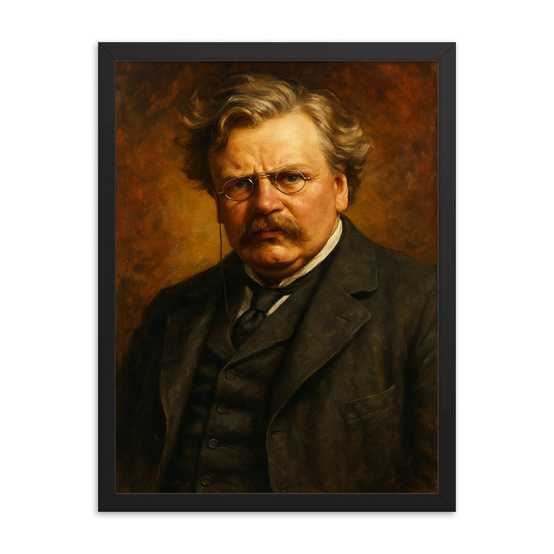 G K Chesterton framed print on a plain backdrop in size 18