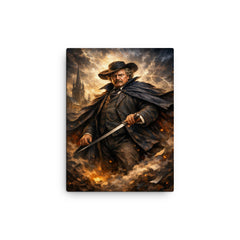 G K Chesterton with cape and sword stick canvas print on a plain backdrop in size 12"x16".