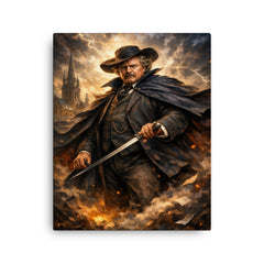 G K Chesterton with cape and sword stick canvas print on a plain backdrop in size 16"x20".