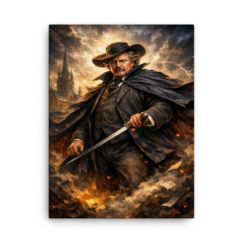 G K Chesterton with cape and sword stick canvas print on a plain backdrop in size 18