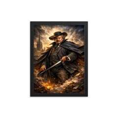 G K Chesterton with cape and sword stick framed print on a plain backdrop in size 12"x16".