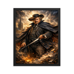 G K Chesterton with cape and sword stick framed print on a plain backdrop in size 16"x20".