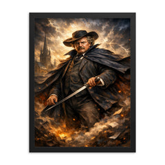 G K Chesterton with cape and sword stick framed print on a plain backdrop in size 18"x24".