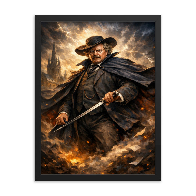 G K Chesterton with cape and sword stick framed print on a plain backdrop in size 18