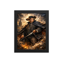 G K Chesterton with cape and sword stick framed print on a plain backdrop in size 8"x10".