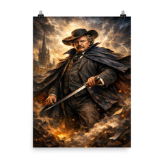 G K Chesterton with cape and sword stick poster on a plain backdrop in size 8"x10".
