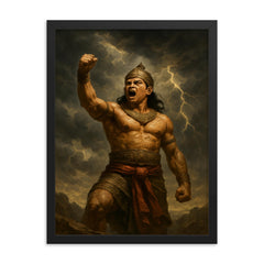 Gajah Mada oath beneath storm clouds framed print on a plain backdrop in size 18"x24".