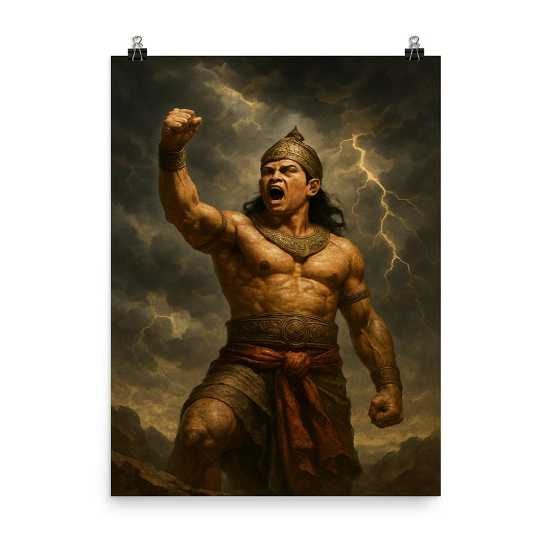 Gajah Mada oath beneath storm clouds poster on a plain backdrop in size 8