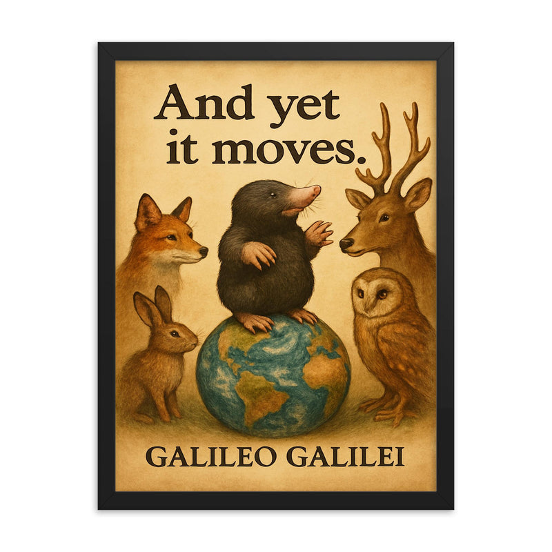 Galileo And yet it moves inspiring quote poster framed print on a plain backdrop in size 18