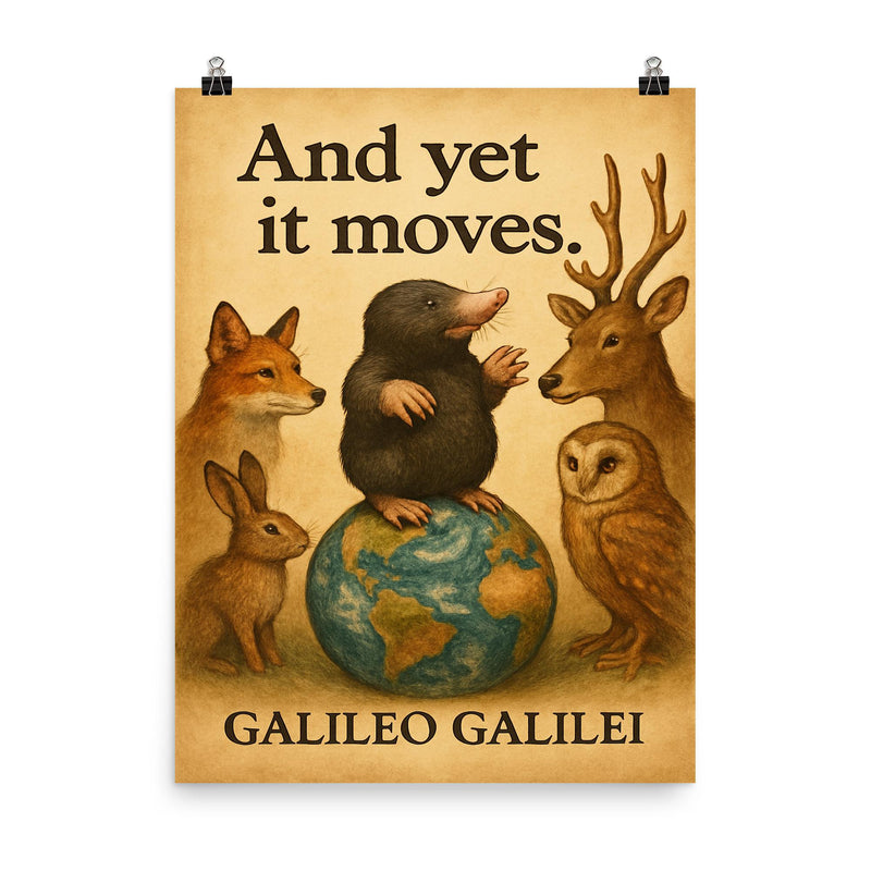 Galileo And yet it moves inspiring quote poster poster on a plain backdrop in size 8