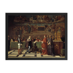 Galileo Before the Holy Office by Joseph-Nicolas Robert-Fleury, 1847 framed print on a plain backdrop in size 18"x24".