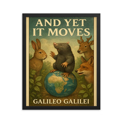 Galileo Galilei And Yet It Moves Inspiring Quote Poster framed print on a plain backdrop in size 16"x20".