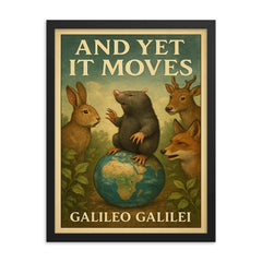 Galileo Galilei And Yet It Moves Inspiring Quote Poster framed print on a plain backdrop in size 18"x24".