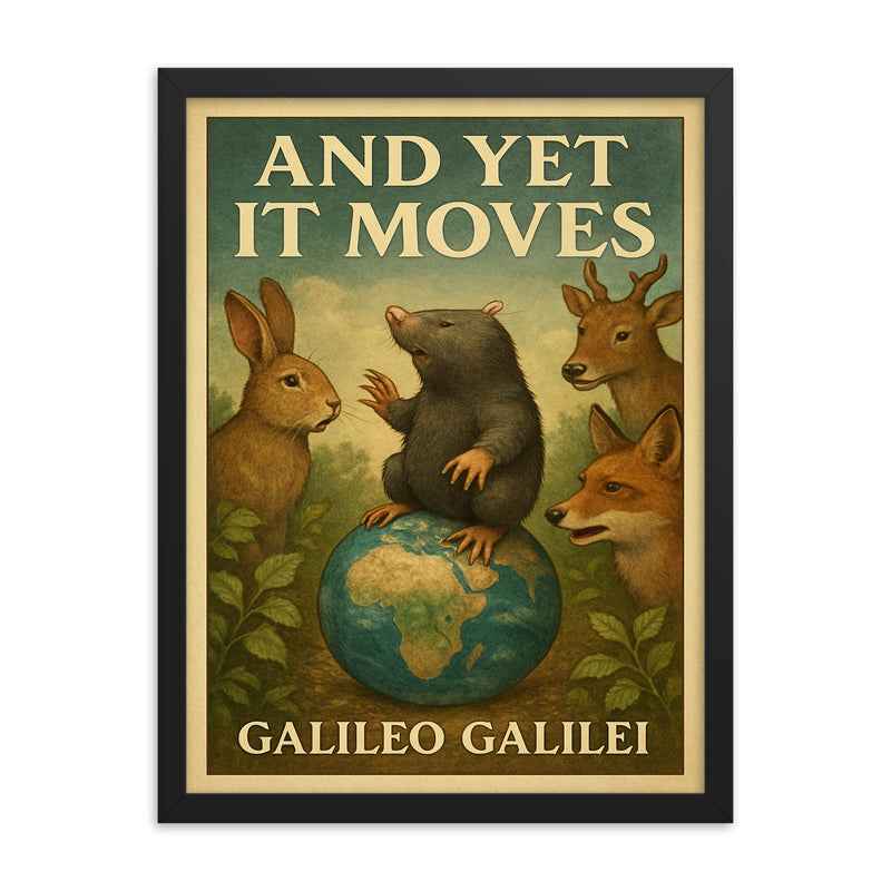 Galileo Galilei And Yet It Moves Inspiring Quote Poster framed print on a plain backdrop in size 18