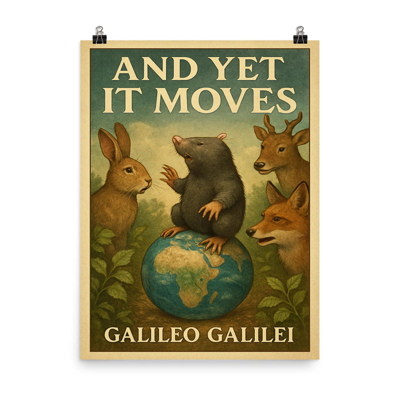 Galileo Galilei And Yet It Moves Inspiring Quote Poster poster on a plain backdrop in size 8