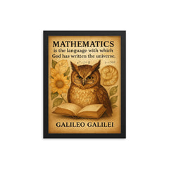 galileo quote mathematics language of universe wise owl reading framed print on a plain backdrop in size 12"x16".