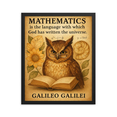 galileo quote mathematics language of universe wise owl reading framed print on a plain backdrop in size 16"x20".