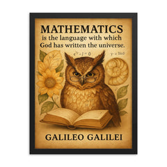 galileo quote mathematics language of universe wise owl reading framed print on a plain backdrop in size 18"x24".
