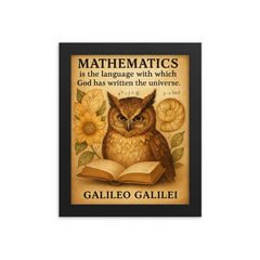 galileo quote mathematics language of universe wise owl reading framed print on a plain backdrop in size 8"x10".