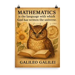 galileo quote mathematics language of universe wise owl reading poster on a plain backdrop in size 8"x10".