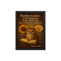 Galileo quote mathematics universe wise owl reading equations framed print on a plain backdrop in size 12"x16".