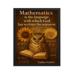Galileo quote mathematics universe wise owl reading equations framed print on a plain backdrop in size 16"x20".