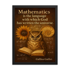 Galileo quote mathematics universe wise owl reading equations framed print on a plain backdrop in size 18"x24".