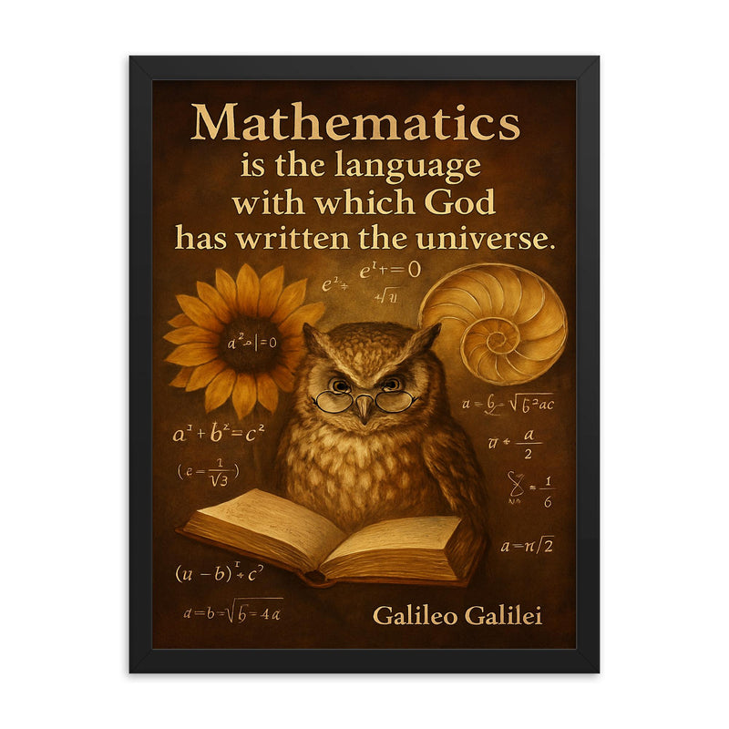Galileo quote mathematics universe wise owl reading equations framed print on a plain backdrop in size 18
