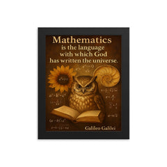 Galileo quote mathematics universe wise owl reading equations framed print on a plain backdrop in size 8"x10".