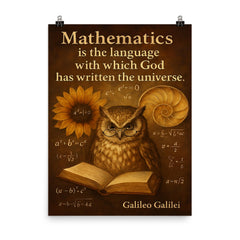 Galileo quote mathematics universe wise owl reading equations poster on a plain backdrop in size 8"x10".