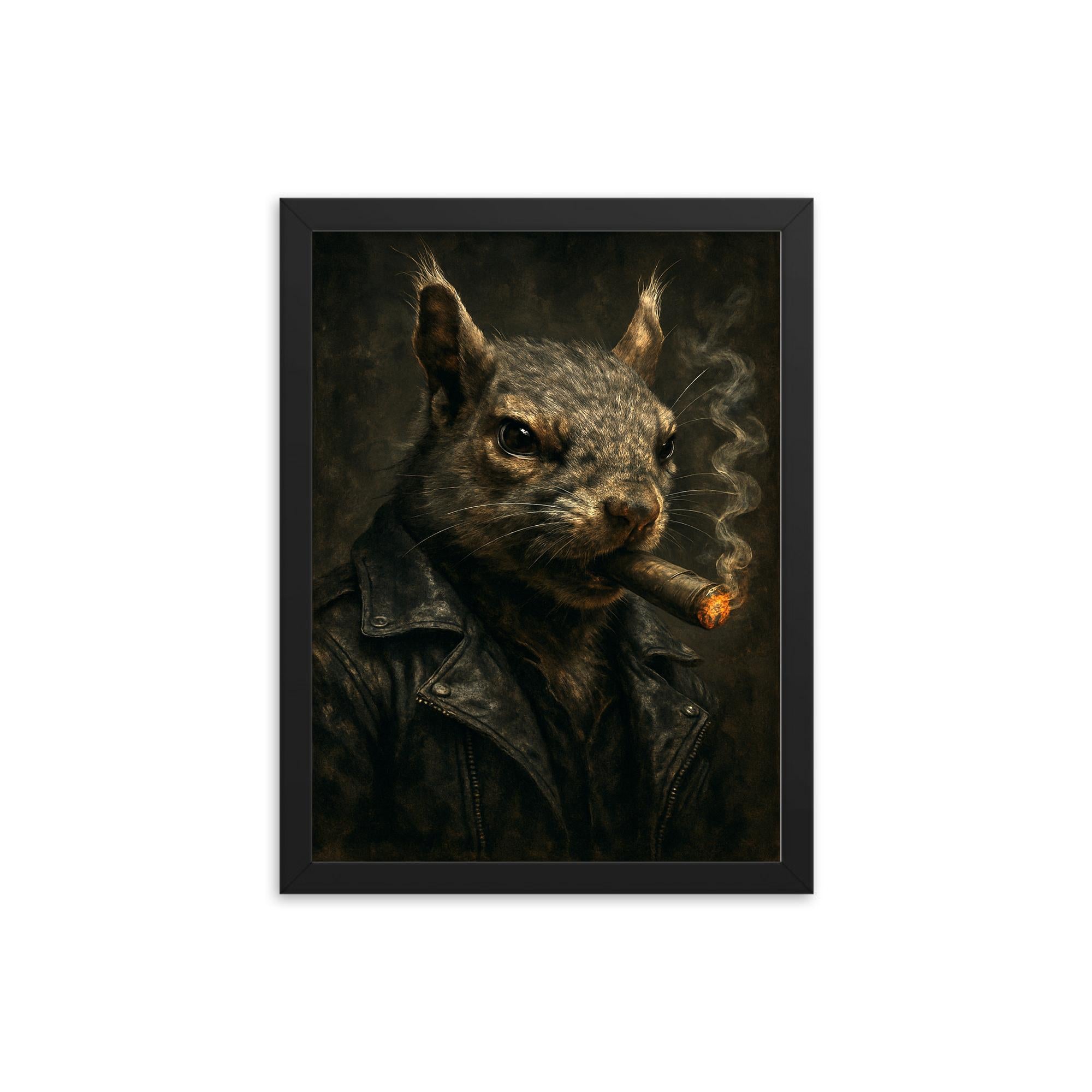 Framed Gangster Squirrel Wall Art Print – Unique Smoking Cigar Animal Decor for Bold, Edgy Home & Office Accent