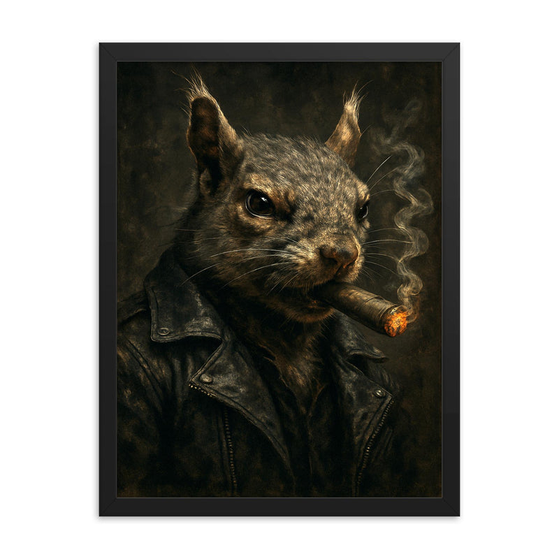 Gangster squirrel smoking a cigar framed print on a plain backdrop in size 18